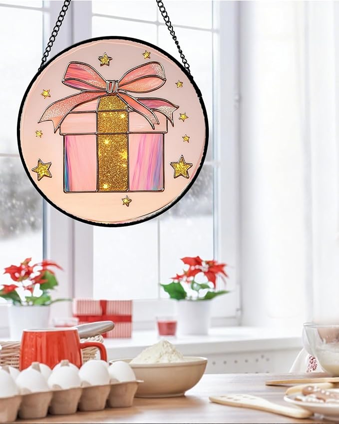 Stained Glass Window Hanging - Pink Gift Box Star Suncatcher for Doors Home Christmas Decoration Winter Sun Catcher Thanksgiving New Year Birthday Gifts for Women Men Mom Nana Girl 7.8 in