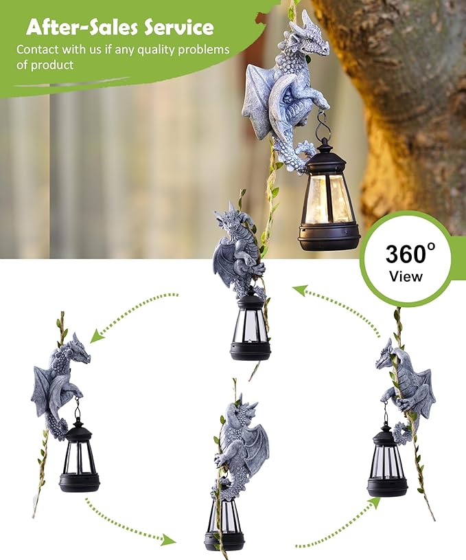 Nacome Dragon Outdoor Statues for Garden: Outside Hanging Climbing Sculptures with Lantern Decor for Yard Art Porch Balcony - Christmas Birthday Gifts for Grandma Mom Women