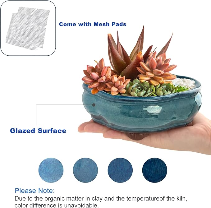 Bonsai Planter 5.7" Small Succulent Glazed Pots Set of 2 + 6 Soft Mesh Drainage Screens