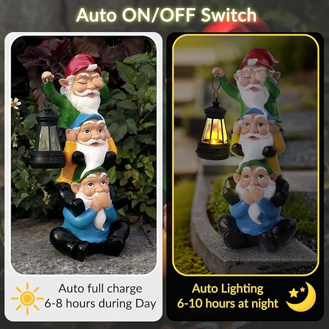 Funny Garden Gnome Statues with Solar Lights Outdoor Decorations, Triple Gnome Statues Unseen Unheard Unspeak Sculptures Outdoor Patio Lawn Yard Garden Decor Housewarming Gifts