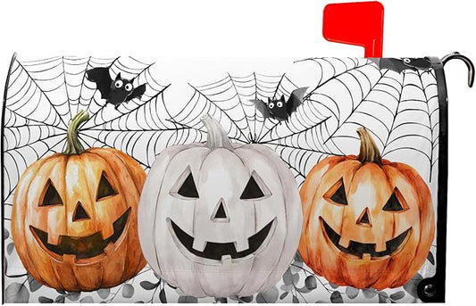 Halloween Pumpkin Mailbox Covers Bat Spider Web Mail Box Cover Magnetic Standard Size 21x18 inch Fall Autumn Post Letter Box Cover Outdoor Decor for Garden Eucalyptus Leaf