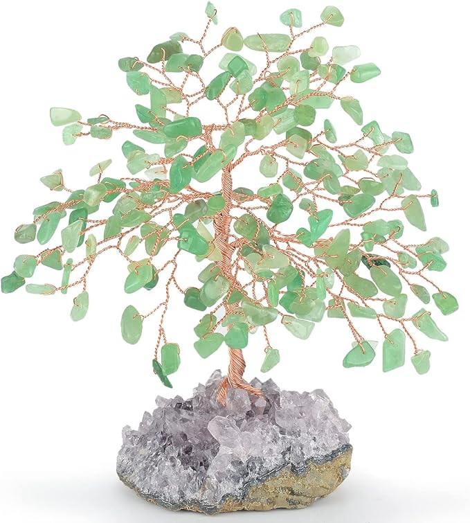 Gemstone Crystal Tree of Life,Natural Green Aventurine with Amethyst Cluster Base,Feng Shui Decor Bonsai Money Tree,Home Decor for Luck and Wealth 5.5"-6.3"