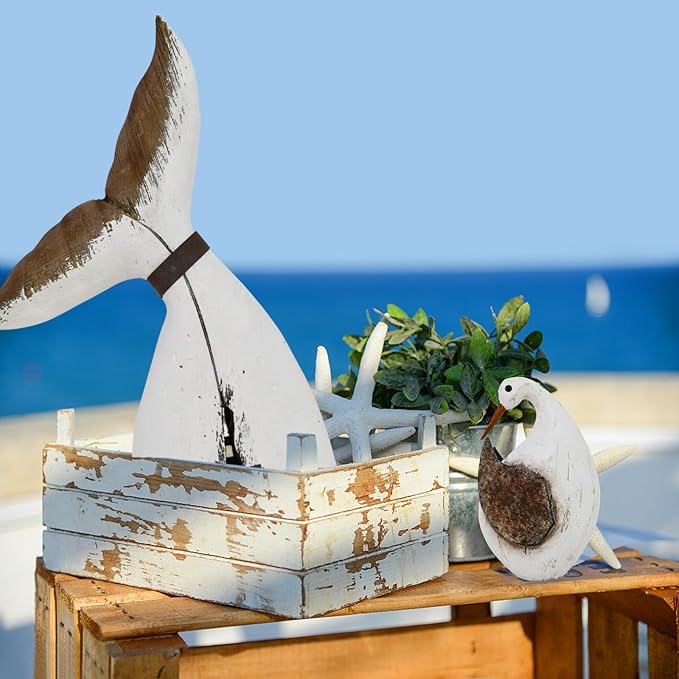 Aecipl Wood Bird Statue Standing Seagull Nautical Decor Coastal Birds Sculpture Indoor Outdoor Animal Figurine Beach Themed Decoration Rustic Home Art for Bedroom Garden (B, S)
