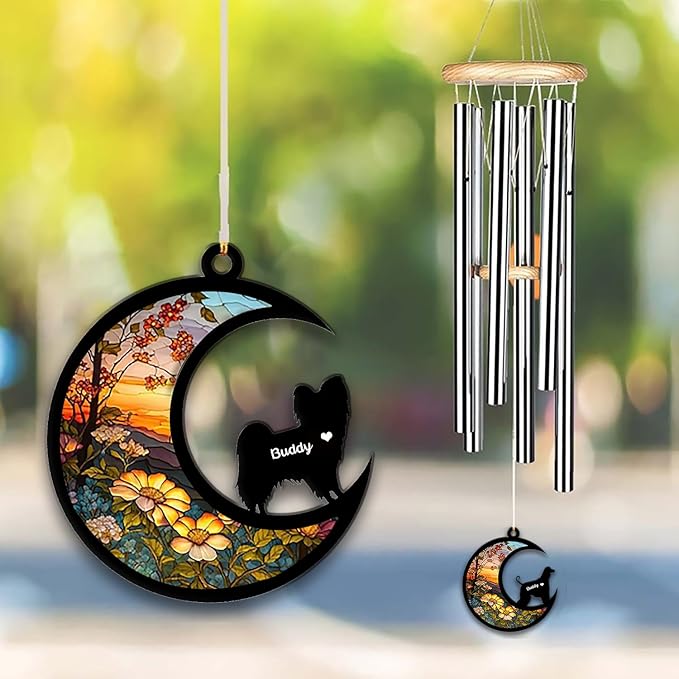 Papillon Sun Catcher Wind Chime, Custom Sunflower Suncatcher Dog Memorial Wind Chime, Dog Loss Gift, Dog Sympathy Gift, Pet Loss Suncatcher, Outdoor Garden Decor