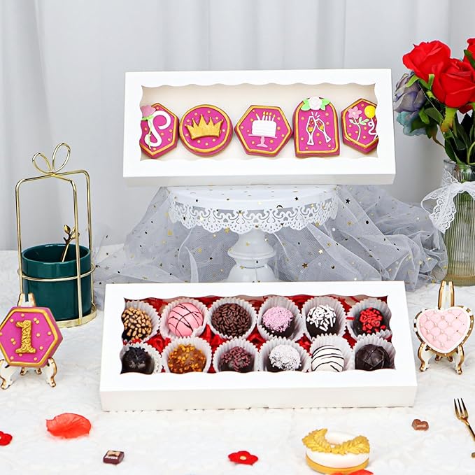 15PCS 12x5x1.5 Inch White Cookies Boxes with Window Bakery Boxes for Macaron,Cakesickle,Chocolate Truffle,Donut &Treat Boxes for Christmas Valentine's Easter Mother's Day