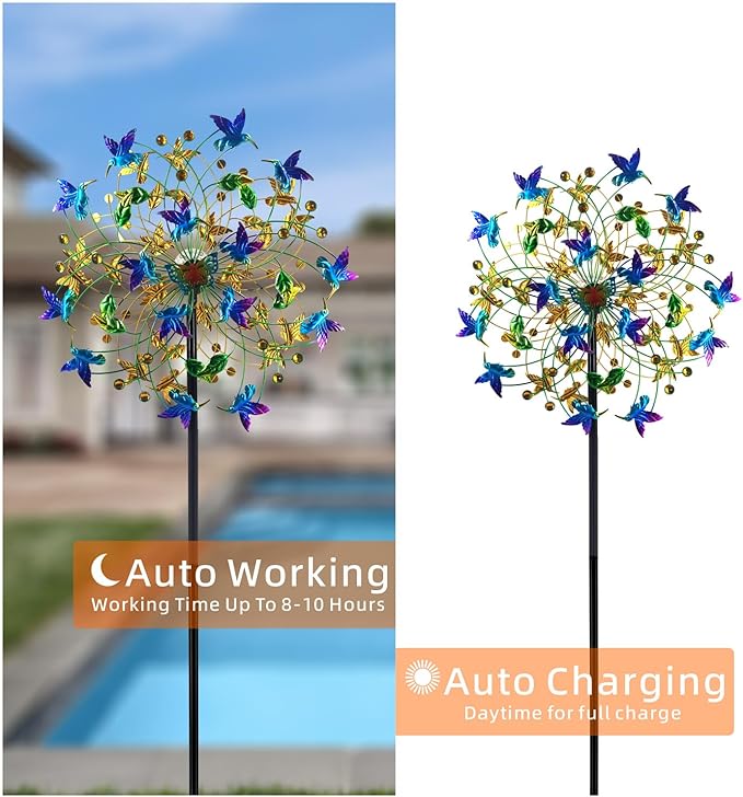 Outdoor Wind Spinner with Garden Stake 82.7" Metal Two-Way Wind Sculptures Solar Color Changing Lights Large Windmills for Garden,Patio,Yard,Lawn Decor Gifts Bird
