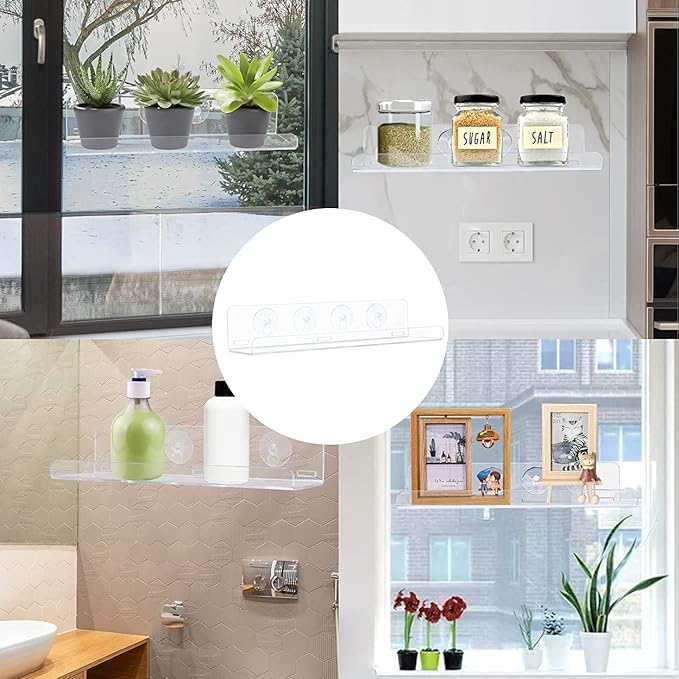 Sumerflos 2 Pack Window Shelves for Plants, Clear Acrylic Suction Cup Shelf, Window Sill Extender Floating Shelves for Indoor Plant, Flowers, Succulents, Seed Starter Pots