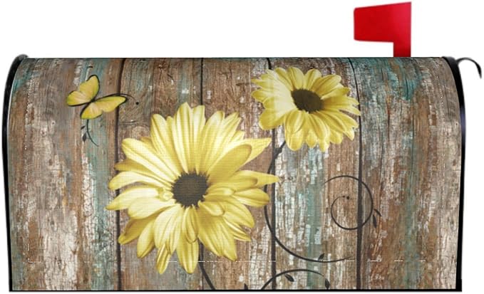 Rustic Daisy Board Mailbox Cover Magnetic, Yellow Sunflowers Vintage Wood Grain Plank Mailbox Wrap Letter Post Box Cover for Yard Garden Outside Home Decor, Standard Size 21x18 Inch