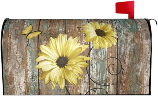 Rustic Daisy Board Mailbox Cover Magnetic, Yellow Sunflowers Vintage Wood Grain Plank Mailbox Wrap Letter Post Box Cover for Yard Garden Outside Home Decor, Standard Size 21x18 Inch