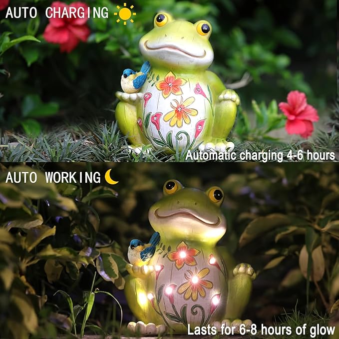 Outdoor Frog Sculptures,Solar Resin Garden Outdoor Statues,Christmas Decorations Frog Gifts Sculptures Decorations for Home Patio,Yard,Lawn, Porch, Ornament