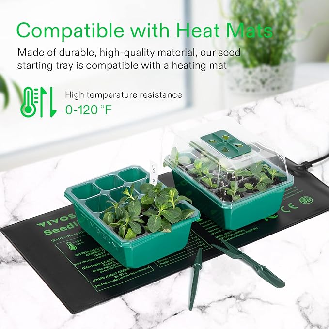 VIVOSUN 12-Pack Seed Starter Trays, 144-Cell Seed Starter Kit with Humidity Dome, Flat Reusable Plant Germination Trays with Drain Hole, Green Propagation Tray for Planting Seeds