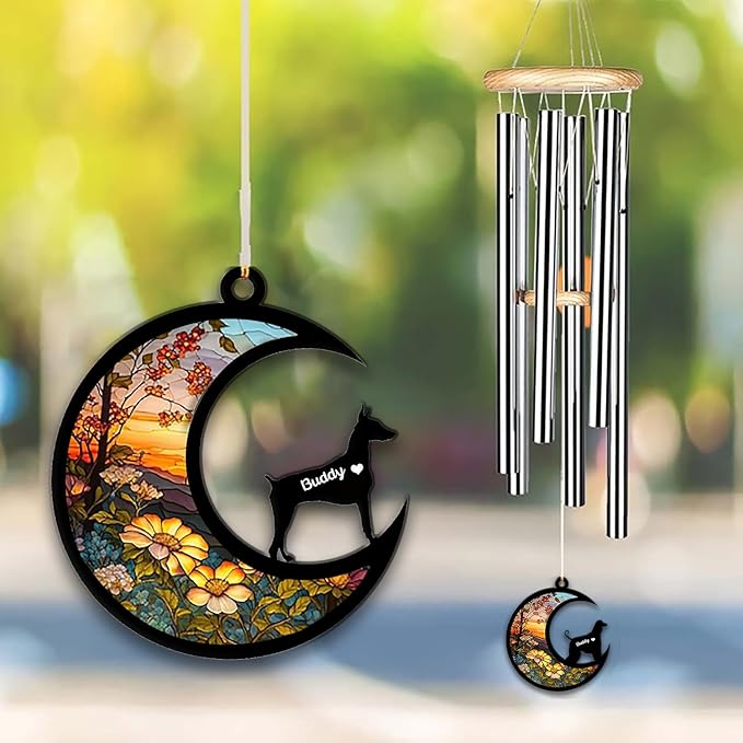 Doberman Pinscher Cropped Ears Sun Catcher Wind Chime, Custom Sunflower Suncatcher Dog Memorial Wind Chime, Dog Loss Gift, Dog Sympathy Gift, Pet Loss Suncatcher, Outdoor Garden Decor