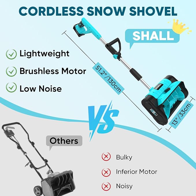 SHALL 21V Brushless Cordless Snow Shovel, 12" Cordless Snow Blower, 4AH Battery Powered Electric Snow Removal with Deflector & Dust Cover, 26FT Throw Distance for Driveway,Steps, Patio, Sidewalk