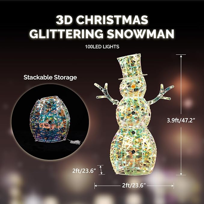 VINGLI 4FT Lighted Iridescent Snowman Christmas Yard Decorations, Prelit 100 Warm White LED Tinsel Snowman, Collapsible Indoor Outdoor Lawn Garden Front Porch Patio Xmas Holiday Decor Display