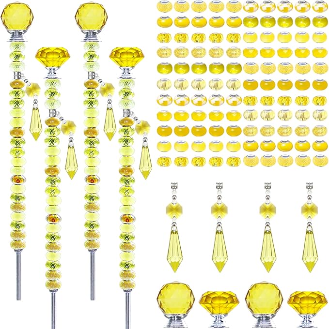 Exway 100 PCS DIY Fairy Wand Beaded Garden Stake Beads Kits with Yellow Large Hole Beads 4 Crystal Stopper Top Threaded Rods and 4 Yellow Sparkling Crystal Pendants for Outdoor Indoor Decor