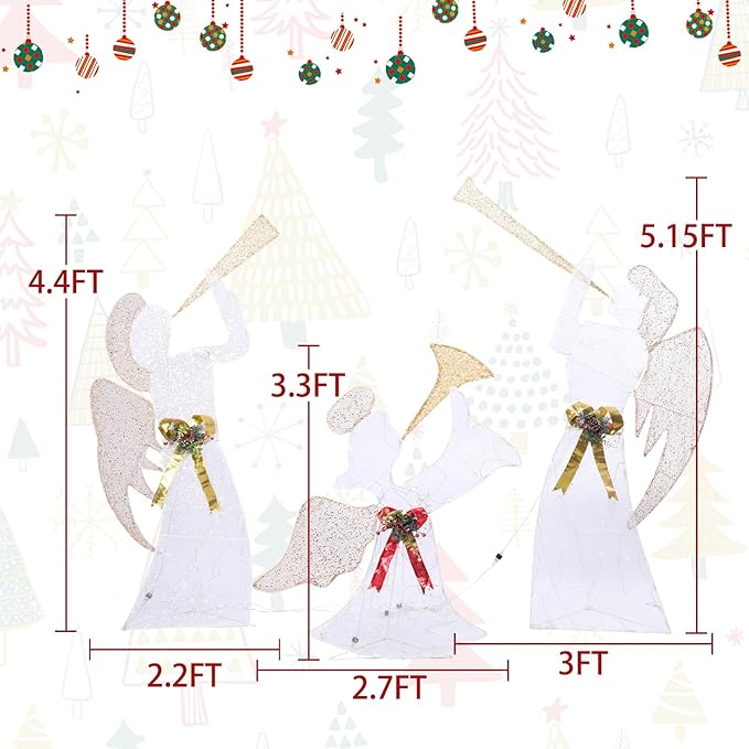 Taman Lighted Christmas Angel, Glittered 3 Angels Blowing The Trumpet Lighted LED Warm Lights for Outdoor Christmas Holiday Home Lawn Yard Garden Decoration