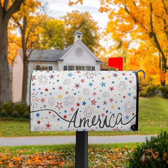 Fourth of July Firework Mailbox Covers Magnetic Patriotic Mail Box Cover Colorful Star Post Letter Box Cover Wrap Home Decor Outdoor Yard Decoration for Garden Standard Size 21x18 in