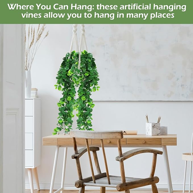 Hoteam 24 Pcs Artificial Hanging Plants 32 Inch Fake Ivy Vines with Fake Leaves Patio Artificial Plants Greenery for Living Room Indoor Outdoor Wall, No Basket (Eucalyptus)