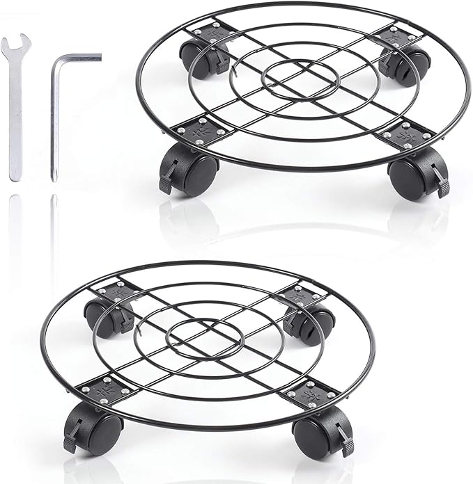2Pack Plant Caddy with Wheels Heavy Duty Metal Iron, 13'' Black Capable of Bearing 164 LBS, Plant Stand with 360° Lockable Wheels for Plant Pots, indoor outdoor garden planter