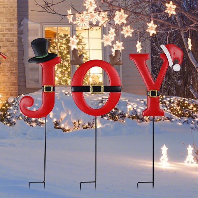 FORUP Joy Christmas Decorations - 3 Pcs Metal Garden Stakes for Outdoor Lawn Yard Decor