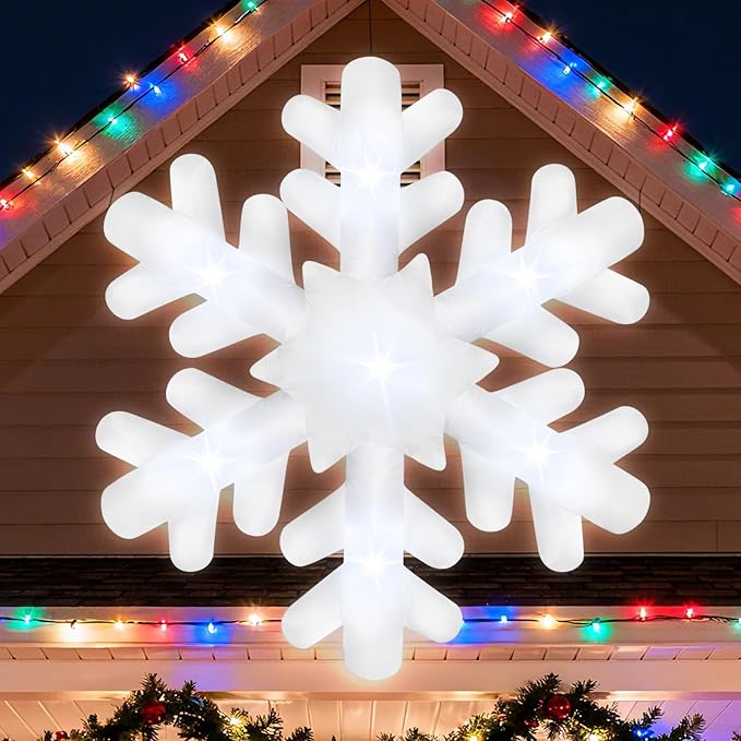 6FT Christmas Hanging Inflatable Snowflake Giant Blow Up Snowflake Ornaments Built-in 7 LED Lights for Christmas Inflatables Outdoor Decorations Winter Xmas Party Supplies Window Roof Wall Yard