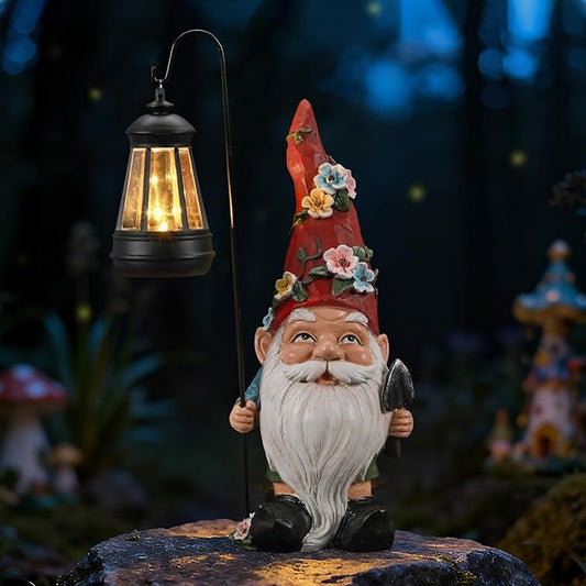 Outdoor Garden Gnome Statue with Solar Light – Outdoor Resin Decor Weatherproof Yard Lawn Ornament with LED Lantern Light Figurine for Patio, Porch, Landscape Housewarming