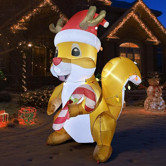 6FT Christmas Inflatables Squirrels Wrapped Colorful Lights, Funny Christmas Blow Ups Squirrels Decoration, Built-in LEDs for Holiday Party Front Garden Lawn Yard Patio Outdoor