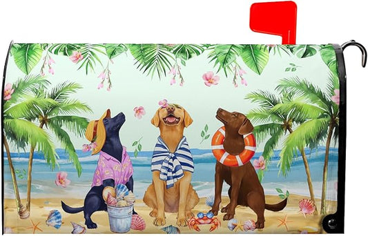 Summer Dogs Magnetic Mailbox Cover 25.5x21Inch Funny Tropical Beach Coastal Puppy Waterproof Mailbox Wrap Letter Post Cover Large Size for Garden Yard Outdoor Season Outside Decor