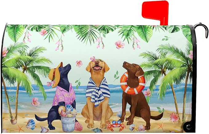 Summer Dogs Magnetic Mailbox Cover 21x18Inch Funny Tropical Beach Coastal Puppy Waterproof Mailbox Wrap Letter Post Cover Standard Size for Garden Yard Outdoor Season Outside Decor