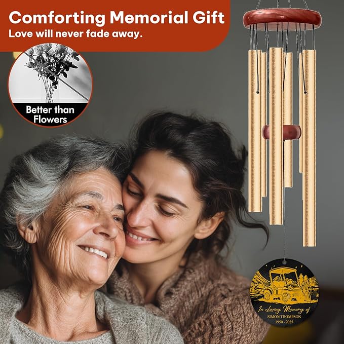 Personalized Golf Cart Memorial Wind Chime – “in Loving Memory” Custom Engraved Name & Years – Golf Lover Sympathy Gift – Outdoor Remembrance Windchime for Loss of Loved One – Memorial Garden Décor