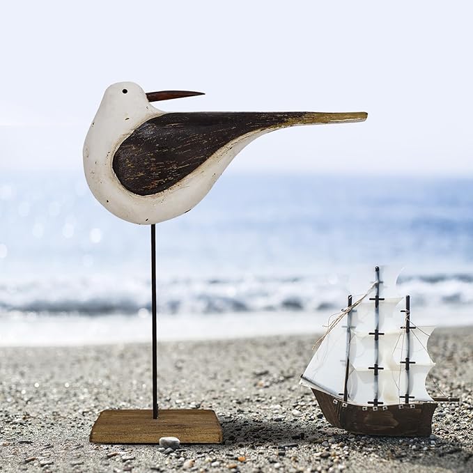 Aecipl Wooden Sea Bird Statue Seagull On Stand Decor Nautical Coastal Birds Sculpture Indoor Outdoor Animal Figurine Beach Themed Decoration Rustic Home Art for Bedroom Garden (I)