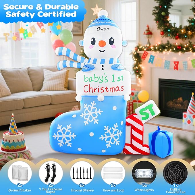Christmas Inflatable Outdoor Decorations, 6 FT Inflatables Babys First Christmas Stocking Snowman Yard Decor, Built-in LED Lights Blow up 1st Xmas DIY Name Ornament for Indoor Outside Lawn Garden(Boy)