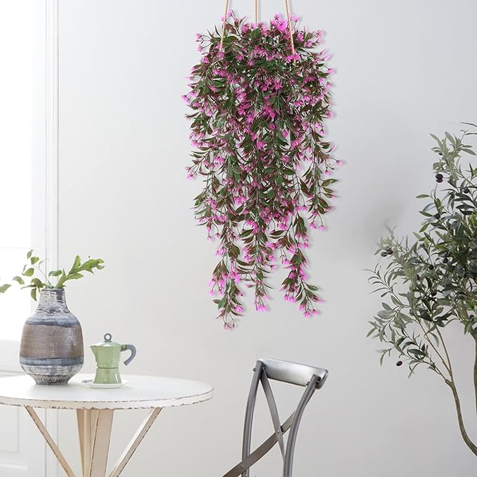 TOCHGREEN 4Pcs Artificial Hanging Plants Fern Vine, Faux Plastic Plants Fake Ivy Vine Greenery Garland with RoseRed Flower, Outdoor Indoor Decorations for Living Room Garden Wall Home Decor (Rose Red)