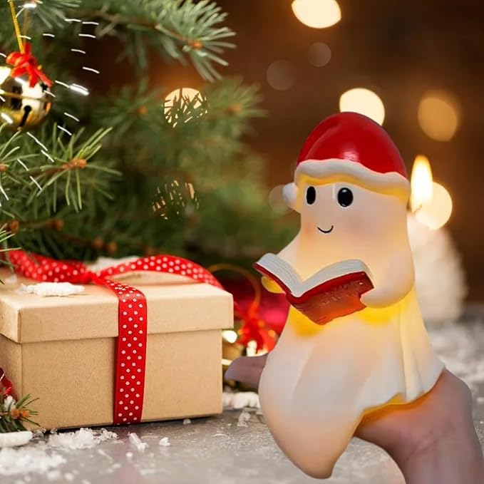 1 Pcs Christmas Reading Ghost Figurine Cute Spooky Design Glow in the Dark Figurines Desk Christmas Decorations Indoor for Christmas Decor Home Table Bedroom Office Desktop Display Ornaments lamp