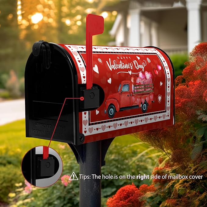 Happy Valentine's Day Mailbox Cover Red Truck and Heart Mailbox Wrap with Magnetic Strip Love Holiday Mailbox Post Letter Box Cover Standard Size 21" X 18" for Outdoor Decor