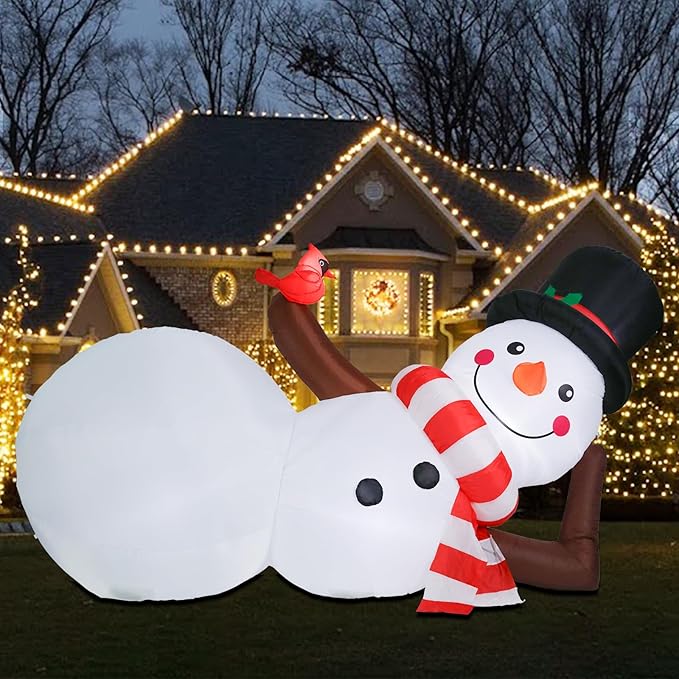 MUMTOP 10FT Long Christmas Inflatables Outdoor Decorations, Giant Inflatables Snowman with Red Cardinal Blow up Christmas Yard Decoration Built-in LED Lights for Outdoor Party Holiday Decor