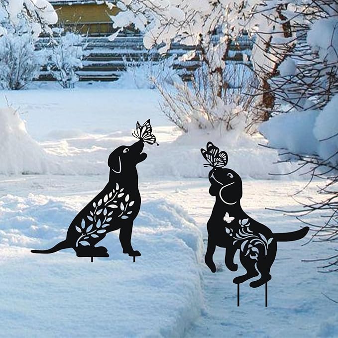 WONDER GARDEN Metal Dog Decor for Outside - 2 Pack Garden Stakes Decorative, Black Dog Silhouette Statues Lawn Ornaments Yard Patio Decor Women Men Mom Gifts
