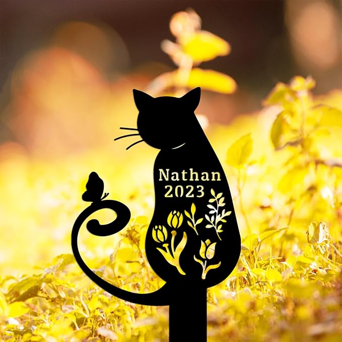 Custom Butterfly Cat Grave Marker Metal Cat Memorial Statue, Personalized Flowers Cat Memorial Stake Grave Marker, Customized Pet Cat Memorial Garden Plaque Cemetery Marker Burial Marker