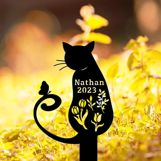 Custom Butterfly Cat Grave Marker Metal Cat Memorial Statue, Personalized Flowers Cat Memorial Stake Grave Marker, Customized Pet Cat Memorial Garden Plaque Cemetery Marker Burial Marker