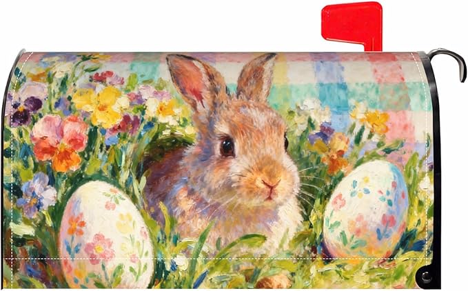Easter Bunny Floral Mailbox Covers Magnetic Standard Size Pastel Plaid Rabbit Flower Egg Spring Holiday Theme Outdoor Seasonal Decorative Letter Box Cases for Home Garden Outside Decor, 21x18 Inch
