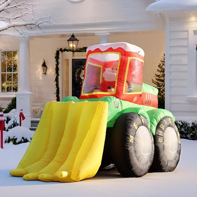 7FT Long Christmas Inflatables Santa Claus Drives Bulldozer, Funny Christmas Blow Ups Construction Vehicle Decoration, Built-in LEDs for Holiday Party Front Garden Lawn Yard Patio Outdoor