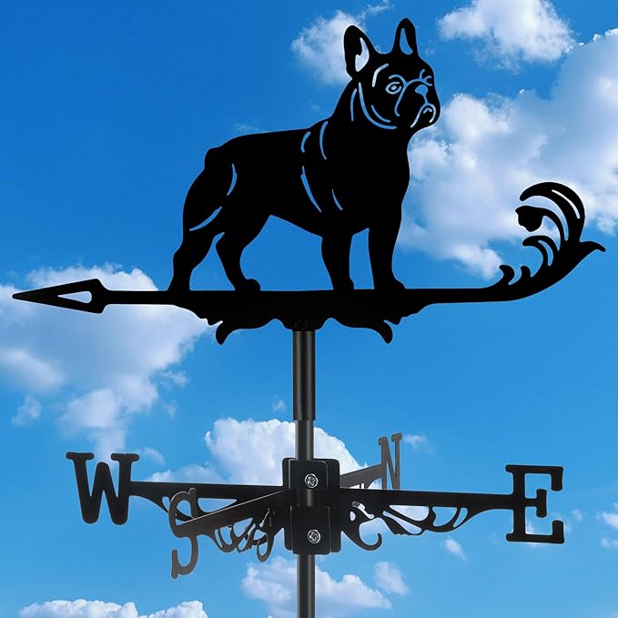 French Bulldog Weather Vane, Black Metal Dog Weathervane Roof Mount, Wind Direction Indicators Wind Measuring Tool Outdoor, Wind Vane Ornament Decoration for Shed Garden Yard Farmhouse Patio Decor
