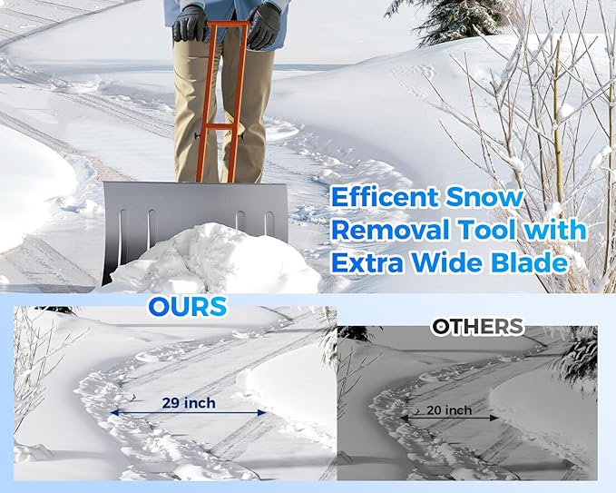 Garvee 29" Snow Pusher Shovel with Wheels,Heavy Duty Steel Snow Shovel with Wheels,Angled Blade Efficient Snow Removal With5-Position Angled Blade & Adjustable Handle for Doorway, Sidewalk, Silver