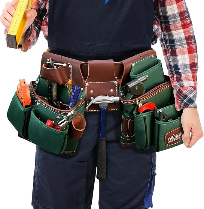 Leather & Nylon Tool Belt for Men – Heavy Duty 22-Pocket Framer’s Tool Bag for Carpenters & Electricians (Green, One Size)