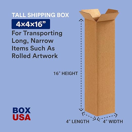 BOX USA 4x4x16 Tall Corrugated Boxes, Tall, 4L x 4W x 16H, Pack of 25 | Shipping, Packaging, Moving, Storage Box for Home or Business, Strong Wholesale Bulk Boxes
