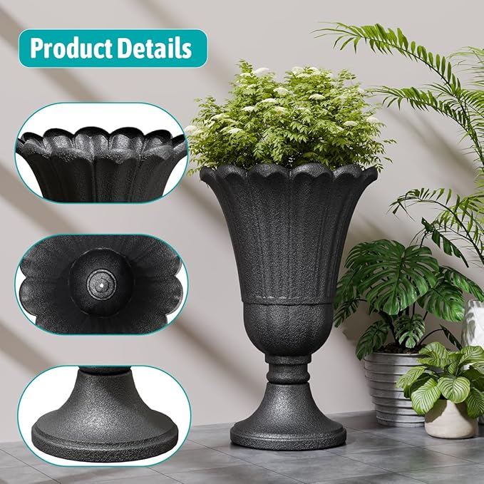 Tall Plastic Urn Planters for Outdoor Plants Set of 2-23.6" H Classic Petal Design Indoor Large Flower Pots with Drainage Holes, Outdoor Planters for Porch Decor/Garden Vase, Black