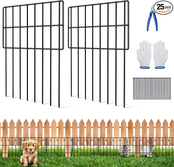Animal Barrier Fence Stakes, 17in (H) x 5.4ft (L) No Dig Garden Decorative Rustproof Metal Defense Fence, 25 Pack Dog Rabbits Blocker for Outdoor Yard