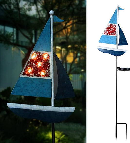 Solar Garden Lights Sailboat Stake Decor-Yard Outdoor Statue Decorations Waterproof 5 LED Metal Landscape Lighting Flower Bed,Pond,Yard,Lawn Gift for Mom Grandma Women