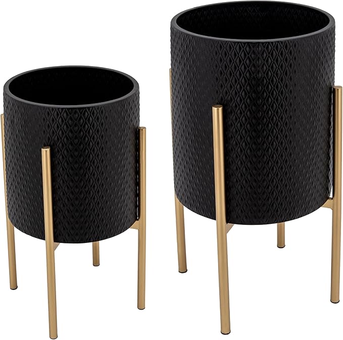 Set of 2 Metal Decorative Planter Pot with Gold Stand – Outdoor & Indoor Plant Pot with Embossed Textured Finish – Modern Garden & Home Decor Iron Planters – 23" & 19", Black