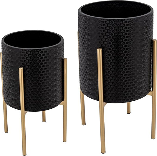 Set of 2 Metal Decorative Planter Pot with Gold Stand – Outdoor & Indoor Plant Pot with Embossed Textured Finish – Modern Garden & Home Decor Iron Planters – 23" & 19", Black